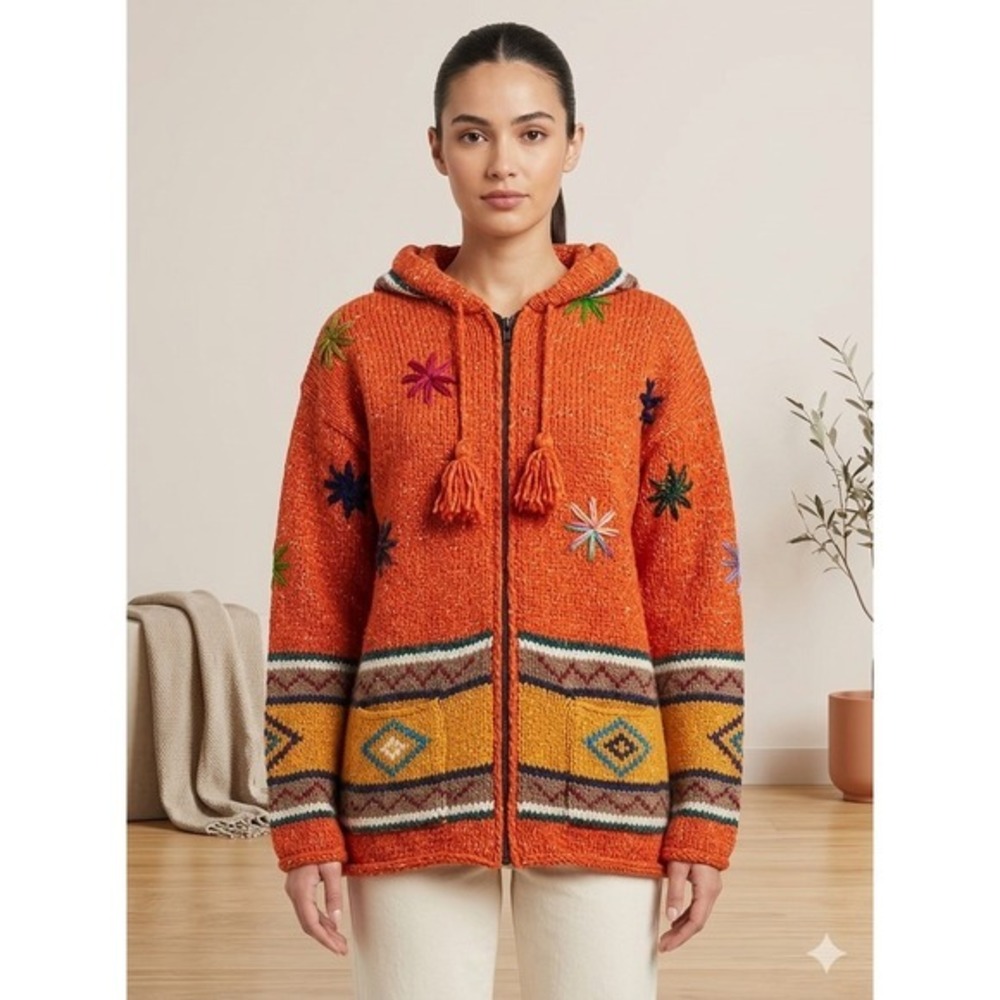 Handmade Ecuador Pixie Hood Wool Blend Sweater Jacket Boho Folk L‎
